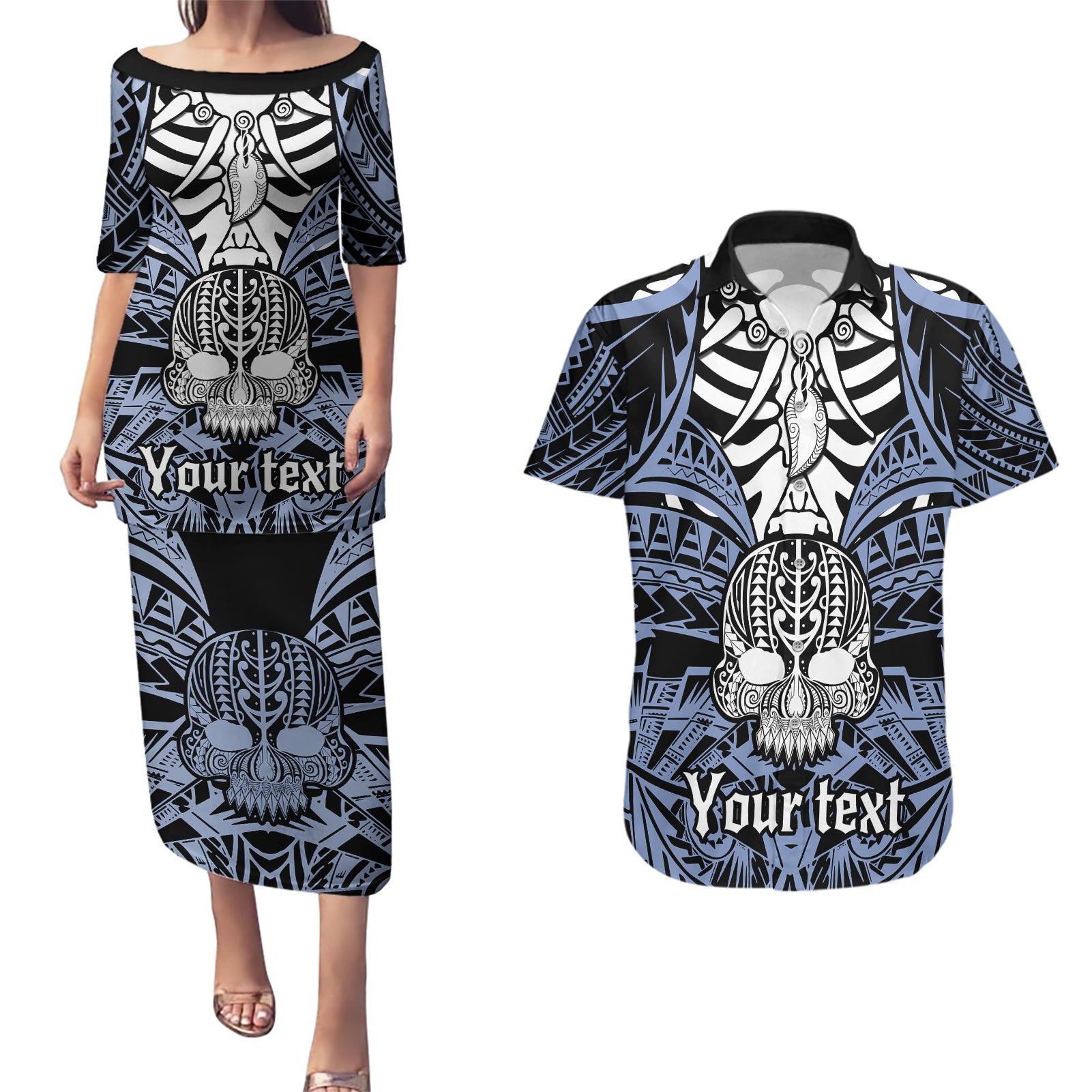 Personalised Polynesia Skull Couples Matching Puletasi Dress and Hawaiian Shirt With Boars Tusk Blue Arty Vibe LT9 - Wonder Print Shop