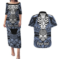 Personalised Polynesia Skull Couples Matching Puletasi Dress and Hawaiian Shirt With Boars Tusk Blue Arty Vibe LT9 - Wonder Print Shop