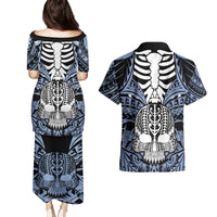 Personalised Polynesia Skull Couples Matching Puletasi Dress and Hawaiian Shirt With Boars Tusk Blue Arty Vibe LT9 - Wonder Print Shop