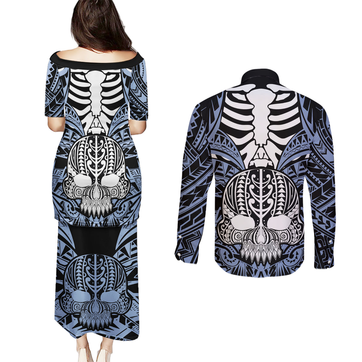Personalised Polynesia Skull Couples Matching Puletasi Dress and Long Sleeve Button Shirts With Boars Tusk Blue Arty Vibe LT9 - Wonder Print Shop