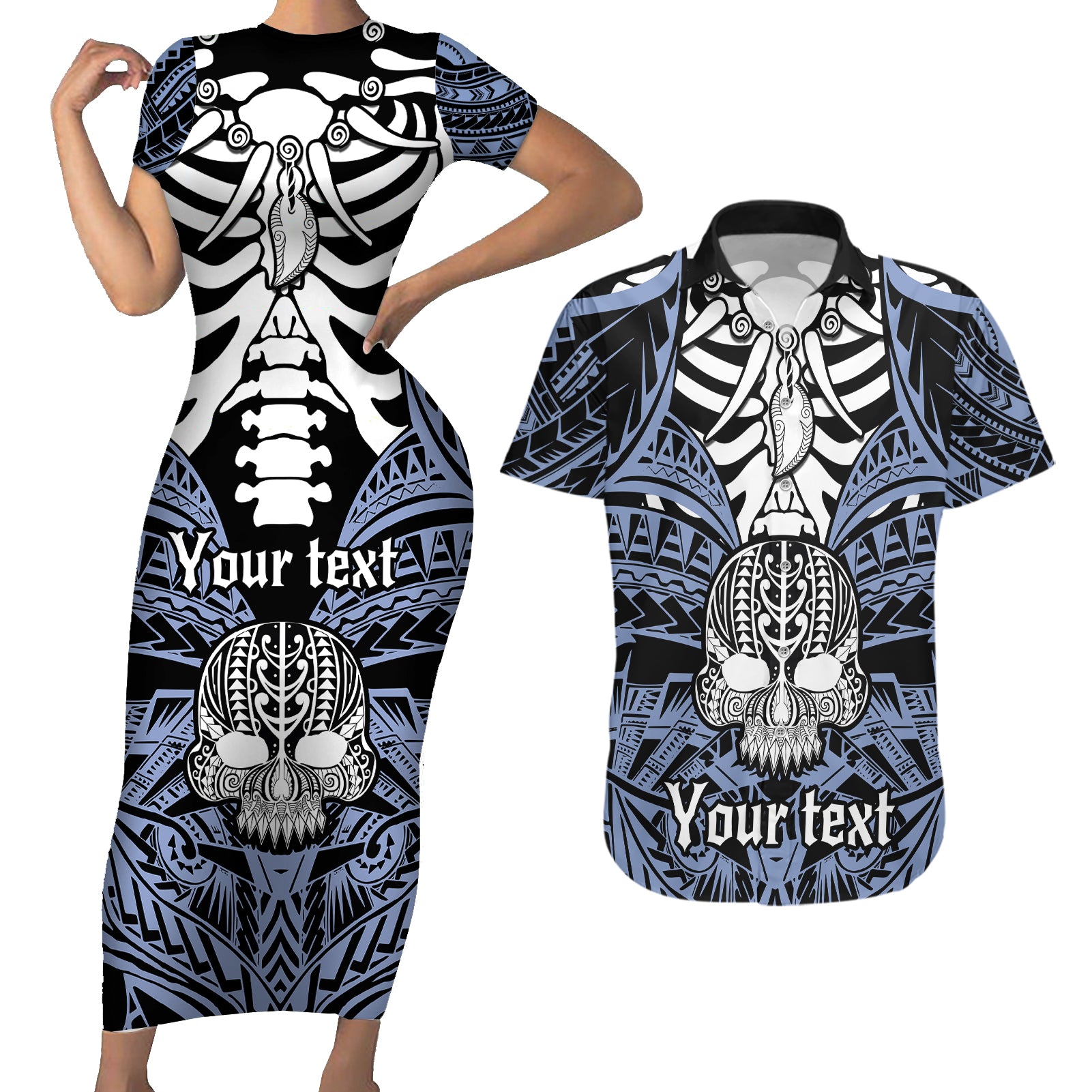 Personalised Polynesia Skull Couples Matching Short Sleeve Bodycon Dress and Hawaiian Shirt With Boars Tusk Blue Arty Vibe LT9 - Wonder Print Shop