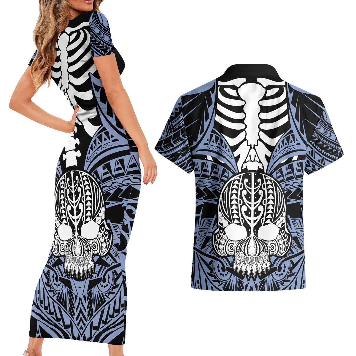Personalised Polynesia Skull Couples Matching Short Sleeve Bodycon Dress and Hawaiian Shirt With Boars Tusk Blue Arty Vibe LT9 - Wonder Print Shop