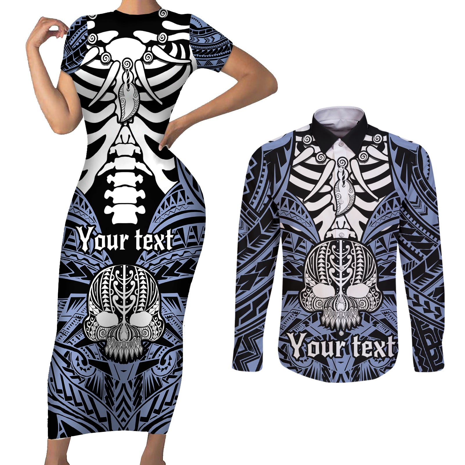 Personalised Polynesia Skull Couples Matching Short Sleeve Bodycon Dress and Long Sleeve Button Shirts With Boars Tusk Blue Arty Vibe LT9 - Wonder Print Shop
