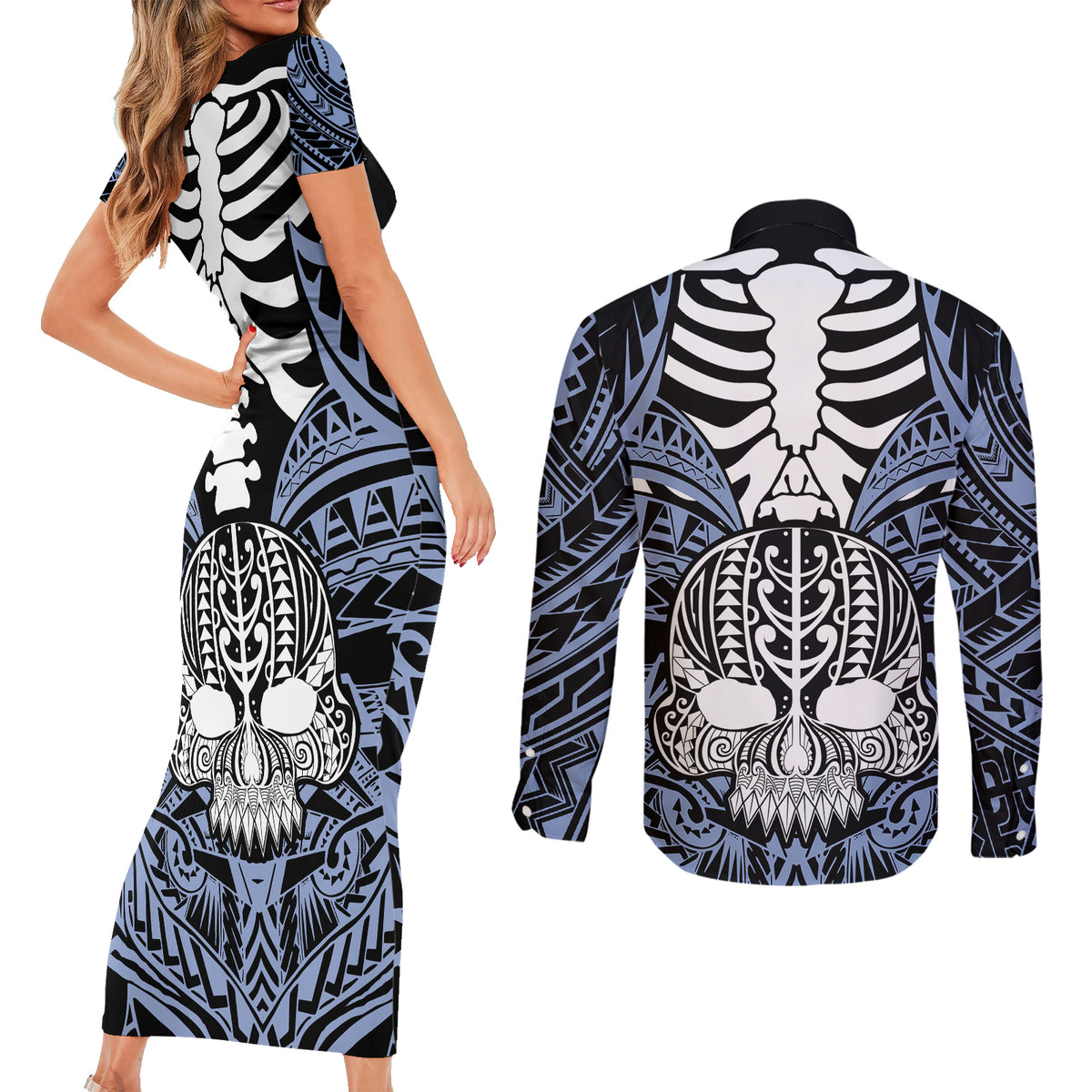 Personalised Polynesia Skull Couples Matching Short Sleeve Bodycon Dress and Long Sleeve Button Shirts With Boars Tusk Blue Arty Vibe LT9 - Wonder Print Shop