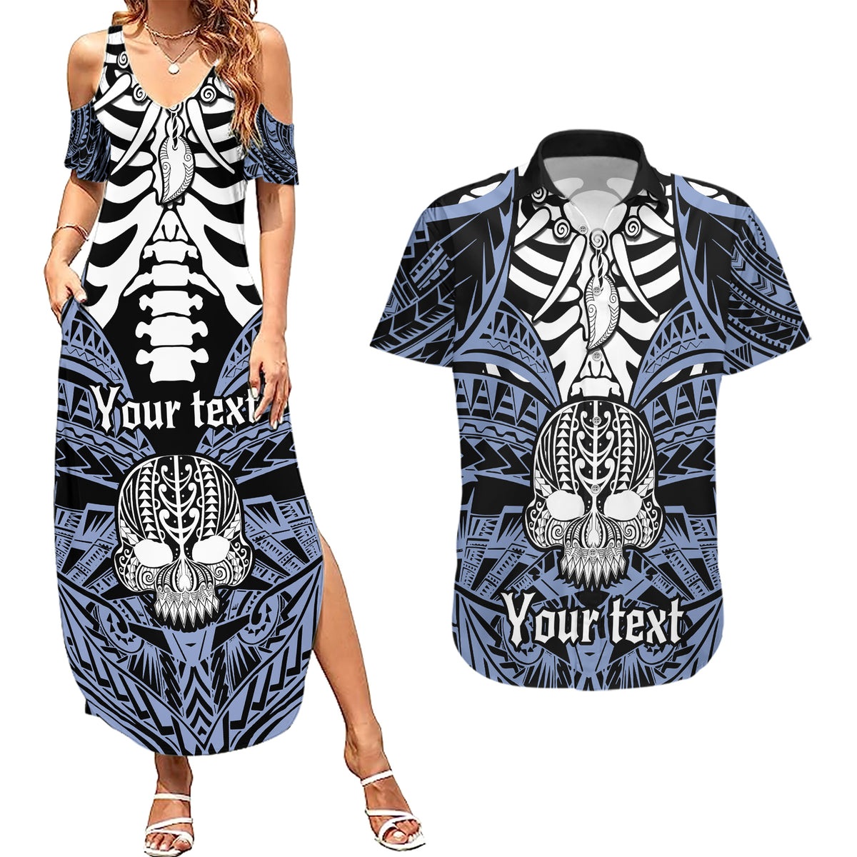 Personalised Polynesia Skull Couples Matching Summer Maxi Dress and Hawaiian Shirt With Boars Tusk Blue Arty Vibe LT9 - Wonder Print Shop