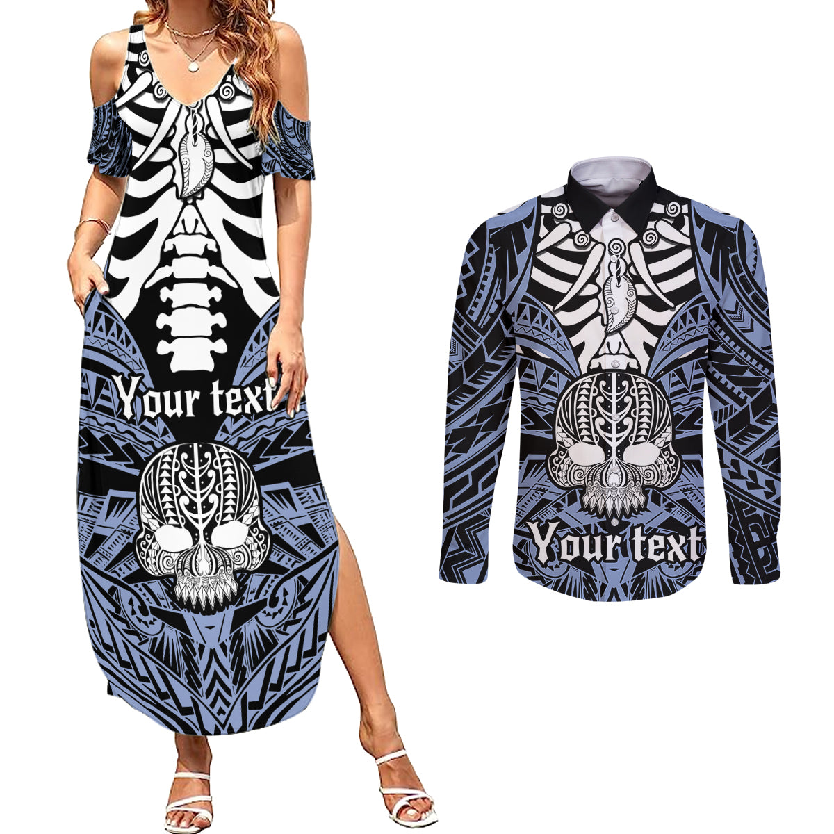 Personalised Polynesia Skull Couples Matching Summer Maxi Dress and Long Sleeve Button Shirts With Boars Tusk Blue Arty Vibe LT9 - Wonder Print Shop