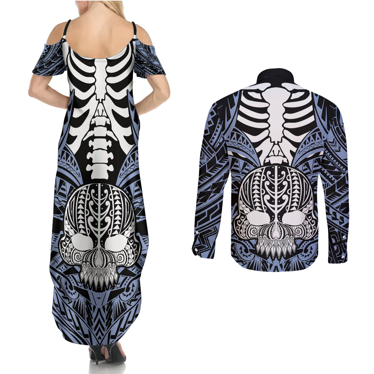 Personalised Polynesia Skull Couples Matching Summer Maxi Dress and Long Sleeve Button Shirts With Boars Tusk Blue Arty Vibe LT9 - Wonder Print Shop
