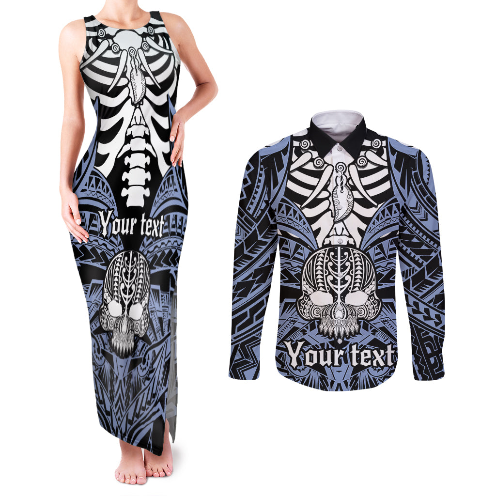Personalised Polynesia Skull Couples Matching Tank Maxi Dress and Long Sleeve Button Shirts With Boars Tusk Blue Arty Vibe LT9 - Wonder Print Shop