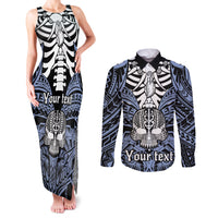 Personalised Polynesia Skull Couples Matching Tank Maxi Dress and Long Sleeve Button Shirts With Boars Tusk Blue Arty Vibe LT9 - Wonder Print Shop