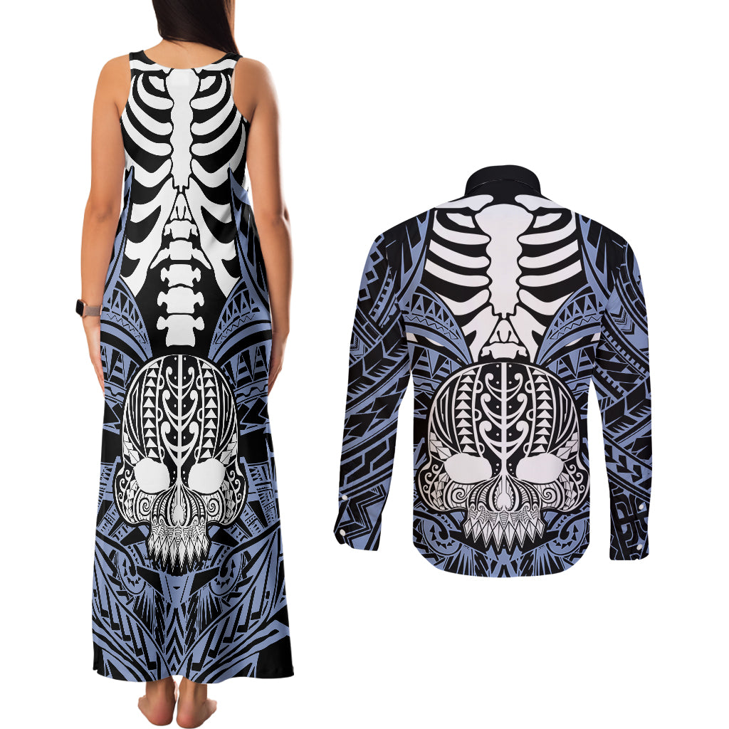 Personalised Polynesia Skull Couples Matching Tank Maxi Dress and Long Sleeve Button Shirts With Boars Tusk Blue Arty Vibe LT9 - Wonder Print Shop