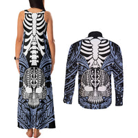 Personalised Polynesia Skull Couples Matching Tank Maxi Dress and Long Sleeve Button Shirts With Boars Tusk Blue Arty Vibe LT9 - Wonder Print Shop