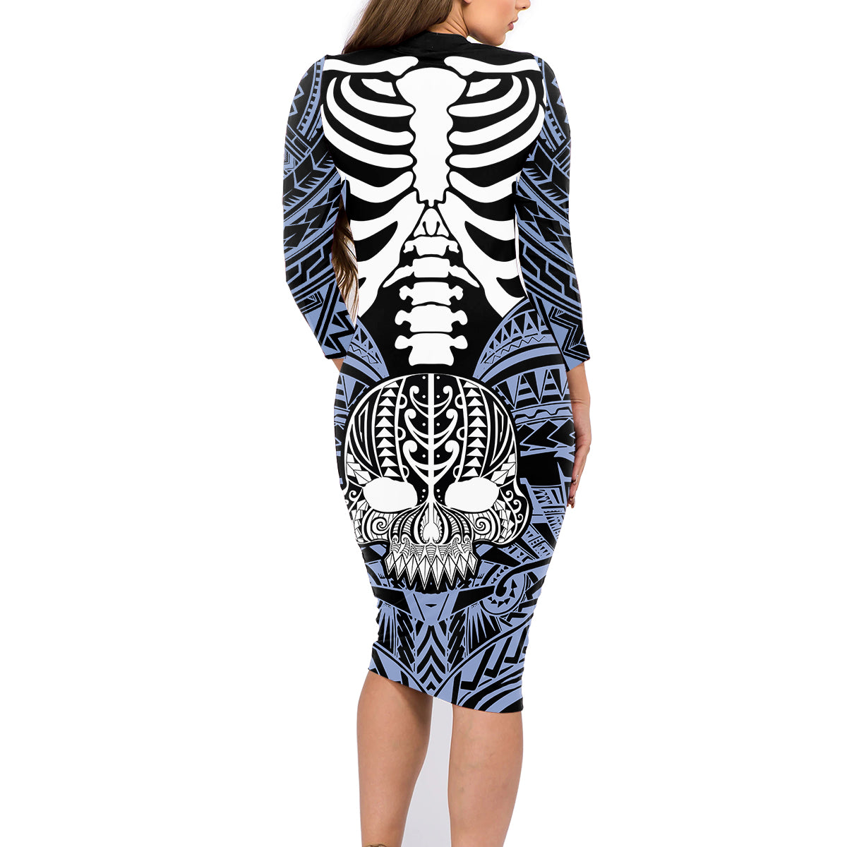Personalised Polynesia Skull Family Matching Long Sleeve Bodycon Dress and Hawaiian Shirt With Boars Tusk Blue Arty Vibe LT9 - Wonder Print Shop