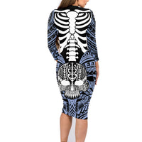Personalised Polynesia Skull Family Matching Long Sleeve Bodycon Dress and Hawaiian Shirt With Boars Tusk Blue Arty Vibe LT9 - Wonder Print Shop