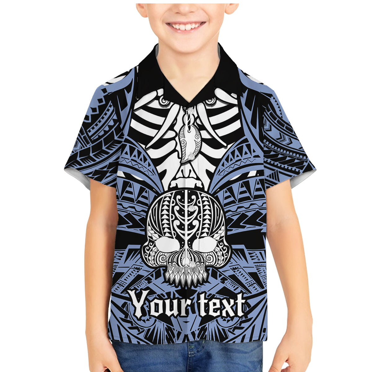 Personalised Polynesia Skull Family Matching Mermaid Dress and Hawaiian Shirt With Boars Tusk Blue Arty Vibe LT9 - Wonder Print Shop