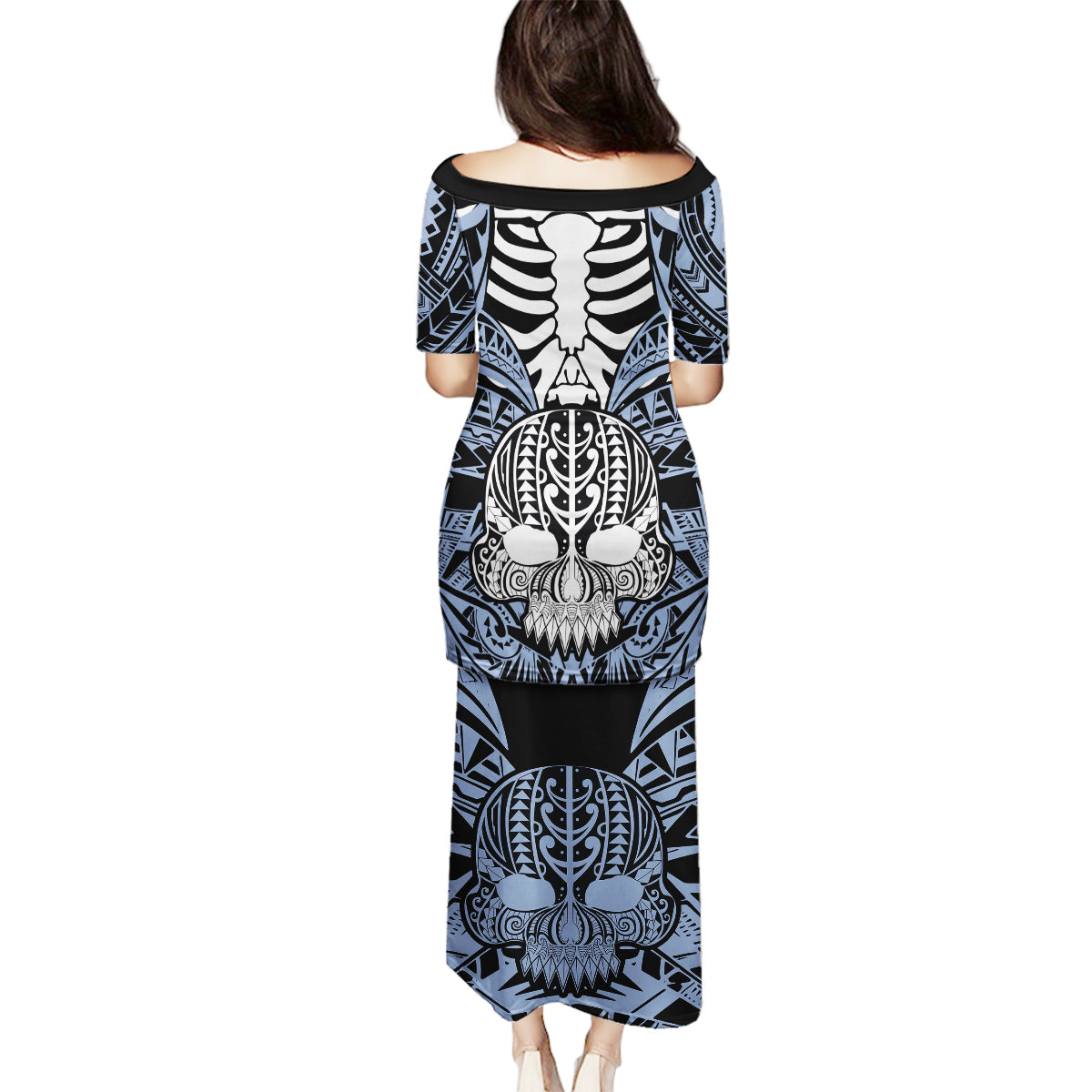Personalised Polynesia Skull Family Matching Puletasi Dress and Hawaiian Shirt With Boars Tusk Blue Arty Vibe - Wonder Print Shop