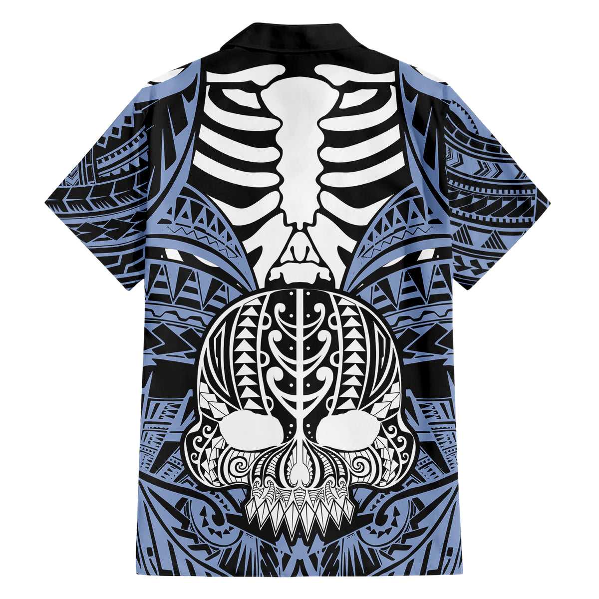 Personalised Polynesia Skull Family Matching Short Sleeve Bodycon Dress and Hawaiian Shirt With Boars Tusk Blue Arty Vibe - Wonder Print Shop