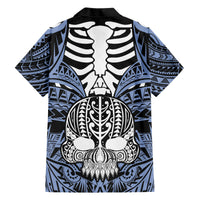 Personalised Polynesia Skull Family Matching Short Sleeve Bodycon Dress and Hawaiian Shirt With Boars Tusk Blue Arty Vibe - Wonder Print Shop