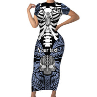 Personalised Polynesia Skull Family Matching Short Sleeve Bodycon Dress and Hawaiian Shirt With Boars Tusk Blue Arty Vibe - Wonder Print Shop