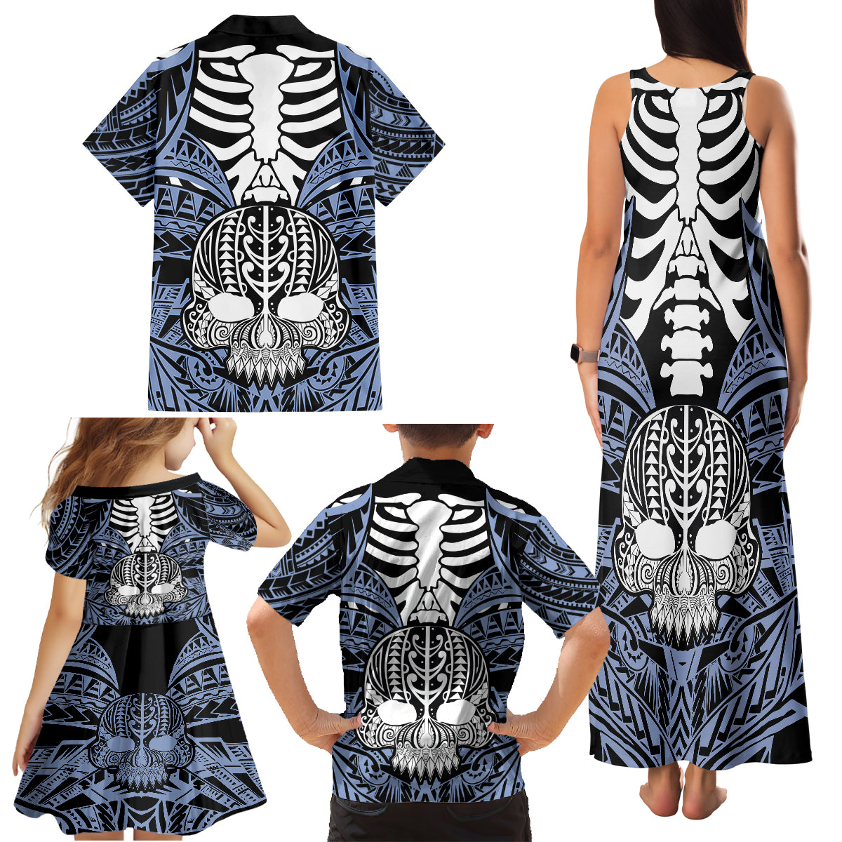 Personalised Polynesia Skull Family Matching Tank Maxi Dress and Hawaiian Shirt With Boars Tusk Blue Arty Vibe - Wonder Print Shop