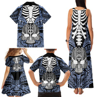 Personalised Polynesia Skull Family Matching Tank Maxi Dress and Hawaiian Shirt With Boars Tusk Blue Arty Vibe - Wonder Print Shop