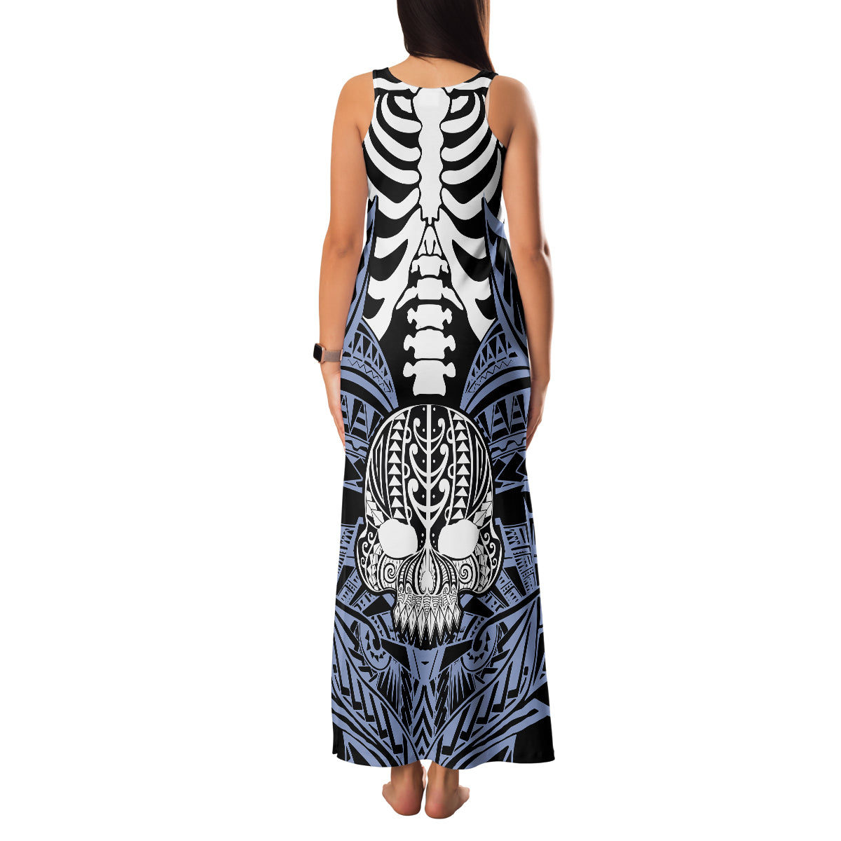 Personalised Polynesia Skull Family Matching Tank Maxi Dress and Hawaiian Shirt With Boars Tusk Blue Arty Vibe - Wonder Print Shop