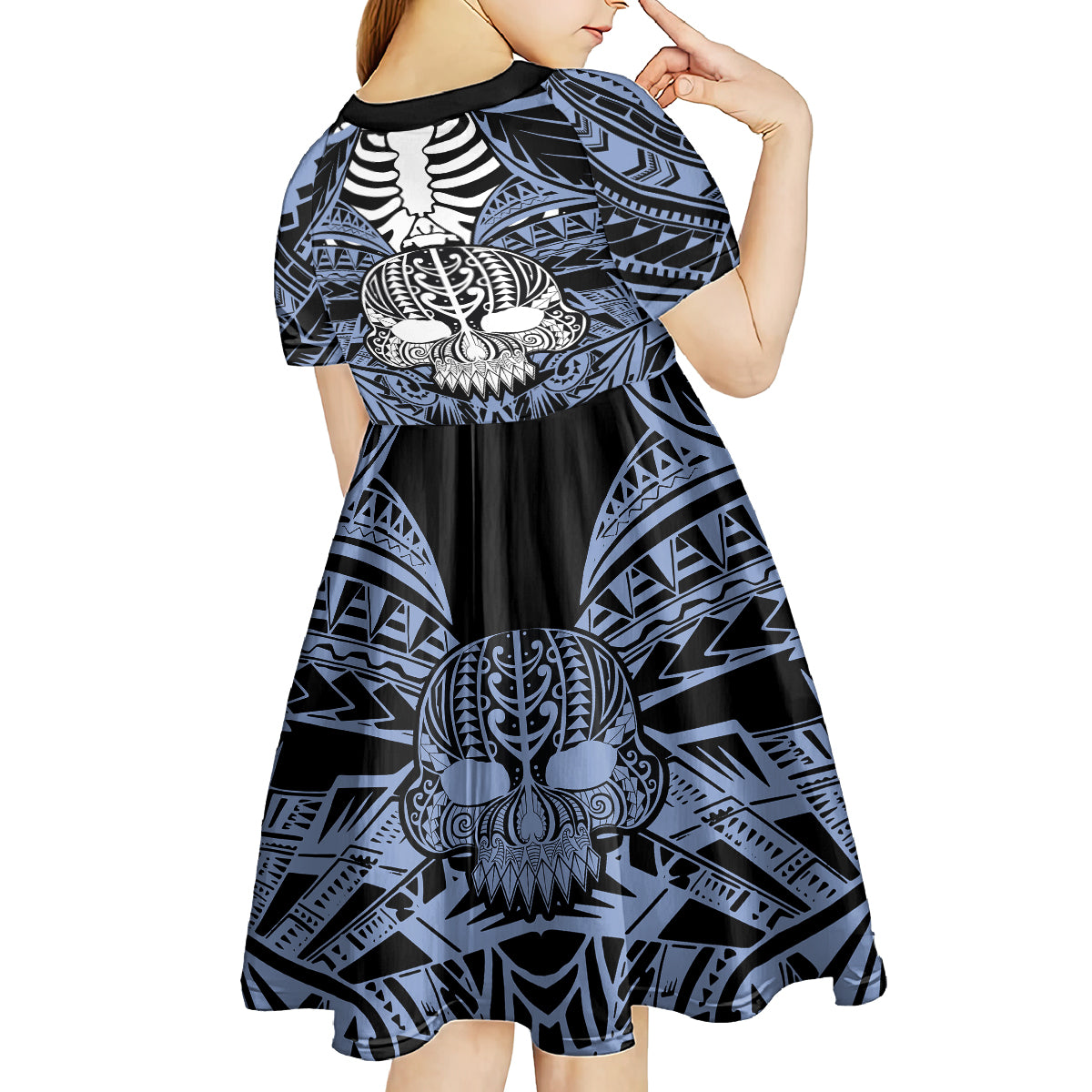 Personalised Polynesia Skull Kid Short Sleeve Dress With Boars Tusk Blue Arty Vibe - Wonder Print Shop