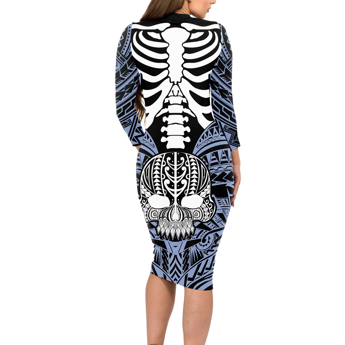 Personalised Polynesia Skull Long Sleeve Bodycon Dress With Boars Tusk Blue Arty Vibe - Wonder Print Shop