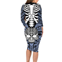 Personalised Polynesia Skull Long Sleeve Bodycon Dress With Boars Tusk Blue Arty Vibe - Wonder Print Shop