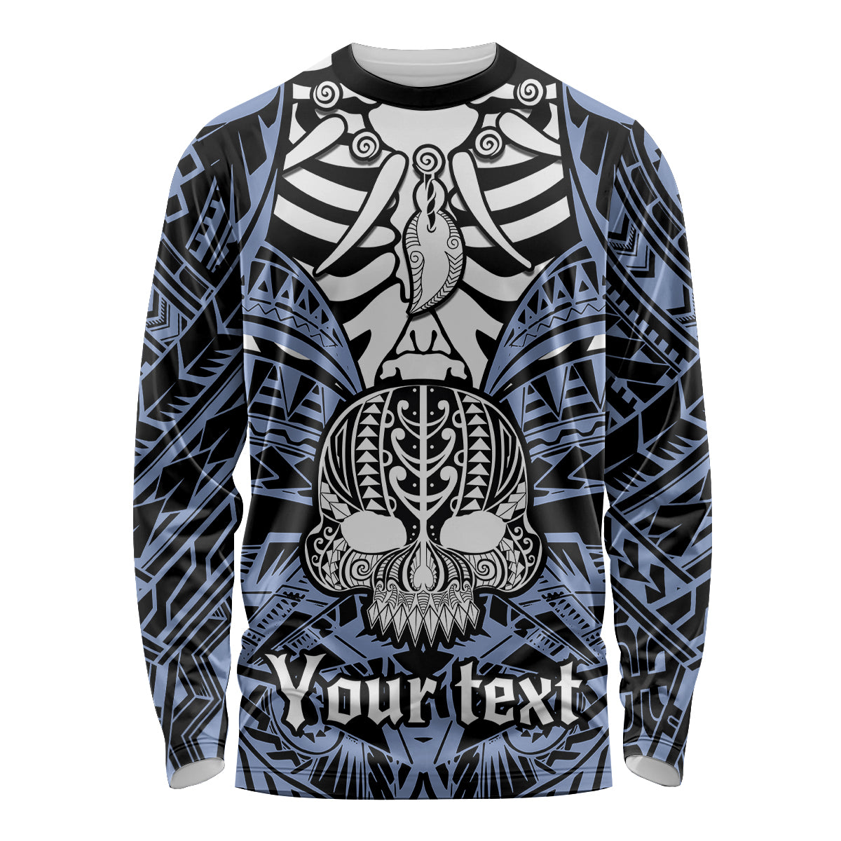 Personalised Polynesia Skull Long Sleeve Shirt With Boars Tusk Blue Arty Vibe - Wonder Print Shop