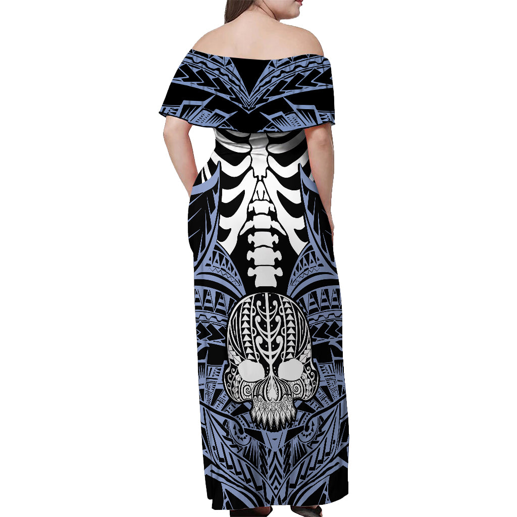 Personalised Polynesia Skull Off Shoulder Maxi Dress With Boars Tusk Blue Arty Vibe - Wonder Print Shop