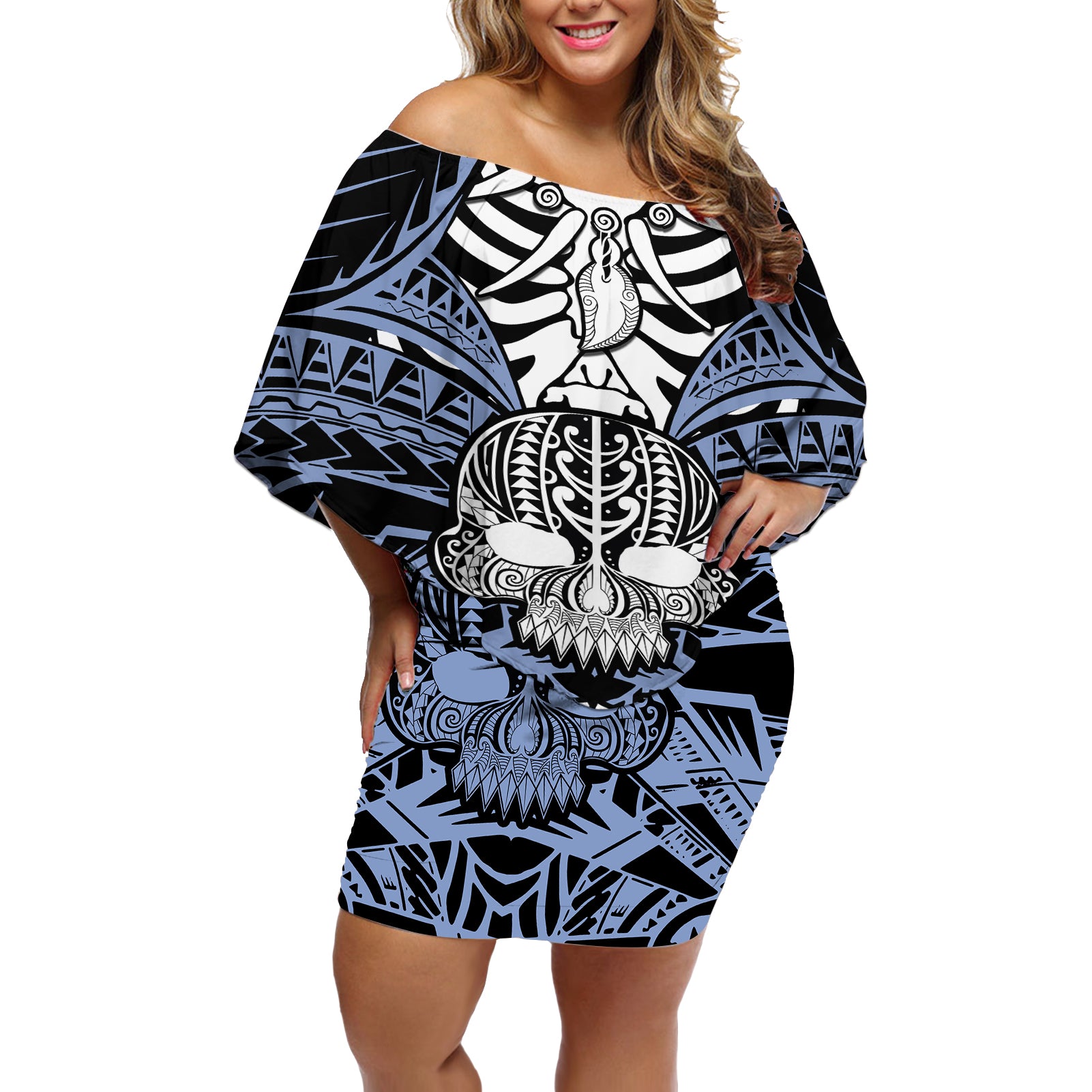 Personalised Polynesia Skull Off Shoulder Short Dress With Boars Tusk Blue Arty Vibe - Wonder Print Shop