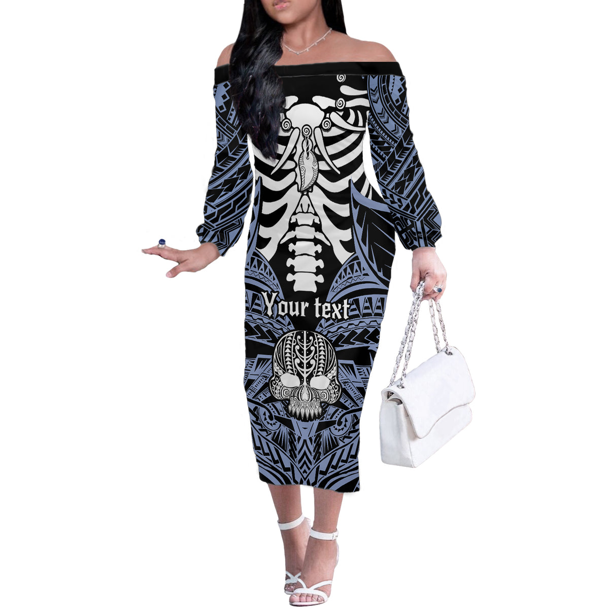 Personalised Polynesia Skull Off The Shoulder Long Sleeve Dress With Boars Tusk Blue Arty Vibe - Wonder Print Shop