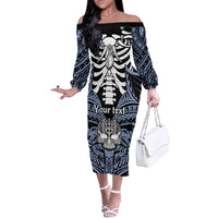 Personalised Polynesia Skull Off The Shoulder Long Sleeve Dress With Boars Tusk Blue Arty Vibe - Wonder Print Shop