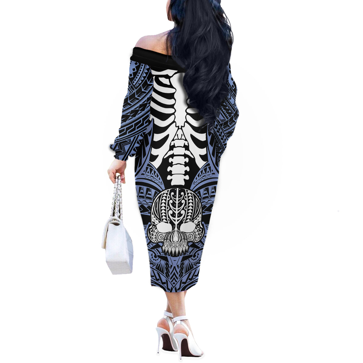 Personalised Polynesia Skull Off The Shoulder Long Sleeve Dress With Boars Tusk Blue Arty Vibe - Wonder Print Shop