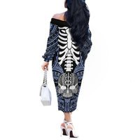 Personalised Polynesia Skull Off The Shoulder Long Sleeve Dress With Boars Tusk Blue Arty Vibe - Wonder Print Shop