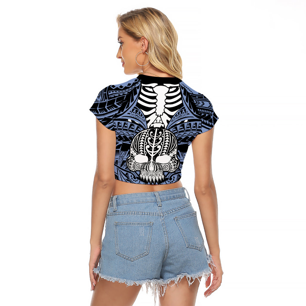 Personalised Polynesia Skull Raglan Cropped T Shirt With Boars Tusk Blue Arty Vibe - Wonder Print Shop