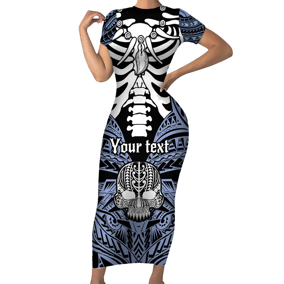 Personalised Polynesia Skull Short Sleeve Bodycon Dress With Boars Tusk Blue Arty Vibe - Wonder Print Shop