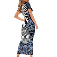Personalised Polynesia Skull Short Sleeve Bodycon Dress With Boars Tusk Blue Arty Vibe - Wonder Print Shop