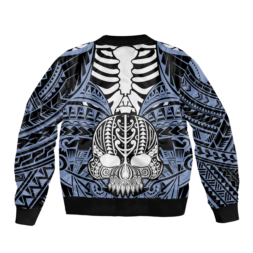 Personalised Polynesia Skull Sleeve Zip Bomber Jacket With Boars Tusk Blue Arty Vibe - Wonder Print Shop