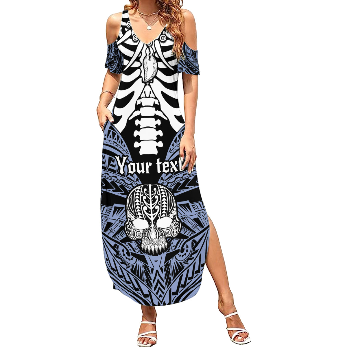 Personalised Polynesia Skull Summer Maxi Dress With Boars Tusk Blue Arty Vibe - Wonder Print Shop