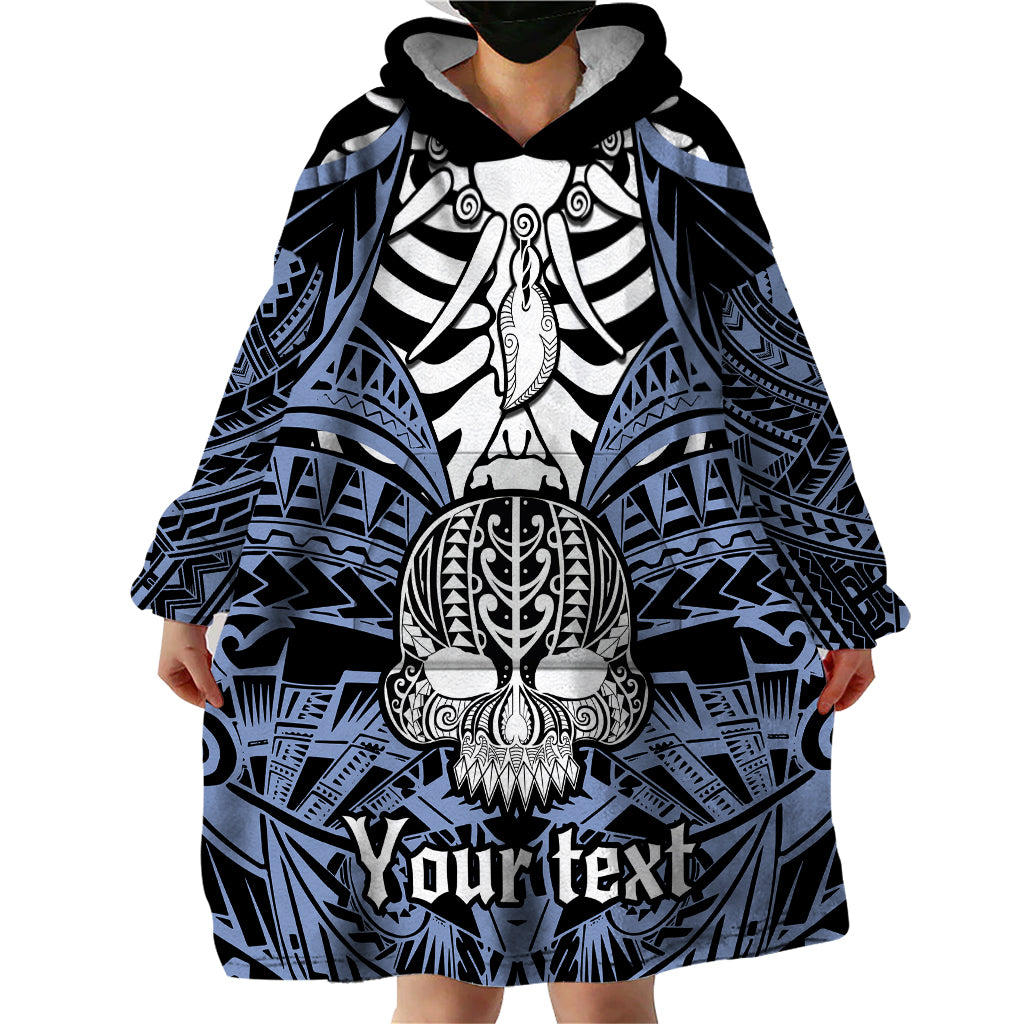 Personalised Polynesia Skull Wearable Blanket Hoodie With Boars Tusk Blue Arty Vibe - Wonder Print Shop