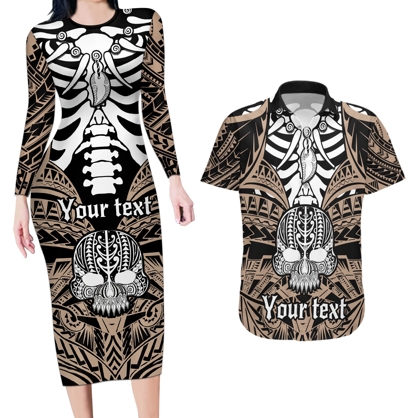 Personalised Polynesia Skull Couples Matching Long Sleeve Bodycon Dress and Hawaiian Shirt With Boars Tusk Gold Arty Vibe LT9 - Wonder Print Shop