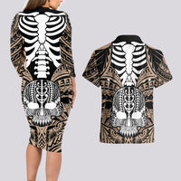 Personalised Polynesia Skull Couples Matching Long Sleeve Bodycon Dress and Hawaiian Shirt With Boars Tusk Gold Arty Vibe LT9 - Wonder Print Shop