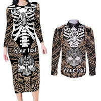Personalised Polynesia Skull Couples Matching Long Sleeve Bodycon Dress and Long Sleeve Button Shirts With Boars Tusk Gold Arty Vibe LT9 - Wonder Print Shop