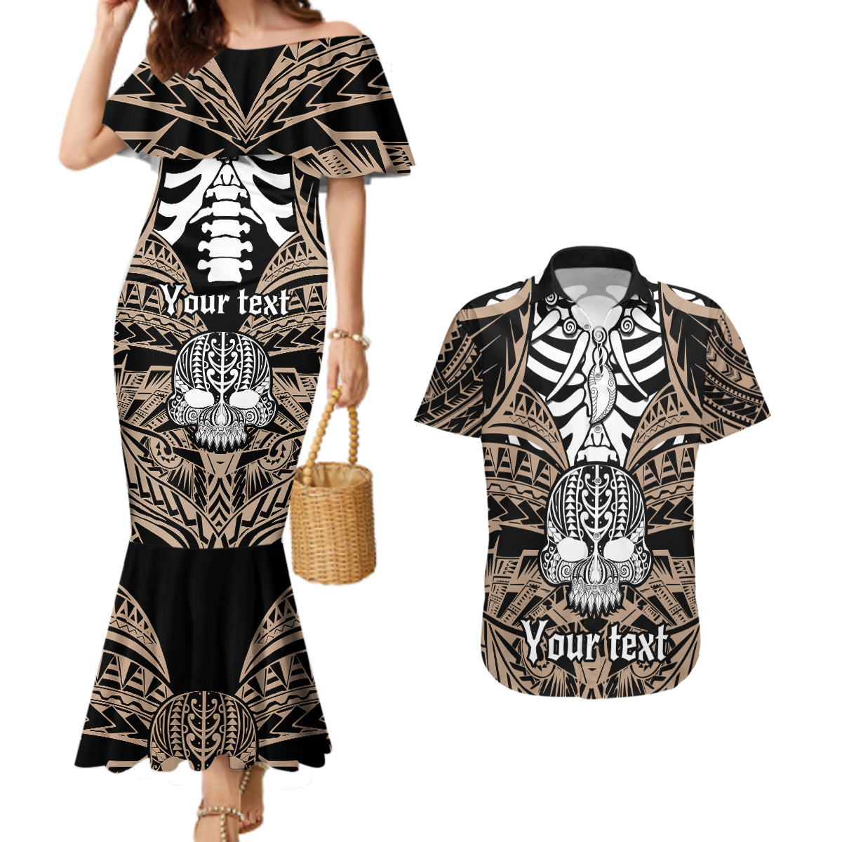 Personalised Polynesia Skull Couples Matching Mermaid Dress and Hawaiian Shirt With Boars Tusk Gold Arty Vibe LT9 - Wonder Print Shop