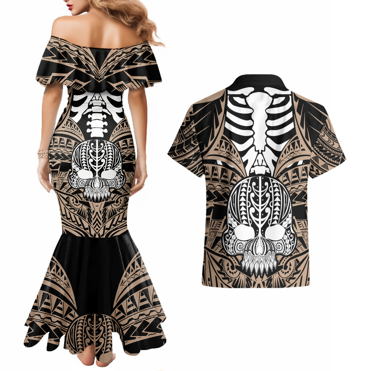 Personalised Polynesia Skull Couples Matching Mermaid Dress and Hawaiian Shirt With Boars Tusk Gold Arty Vibe LT9 - Wonder Print Shop
