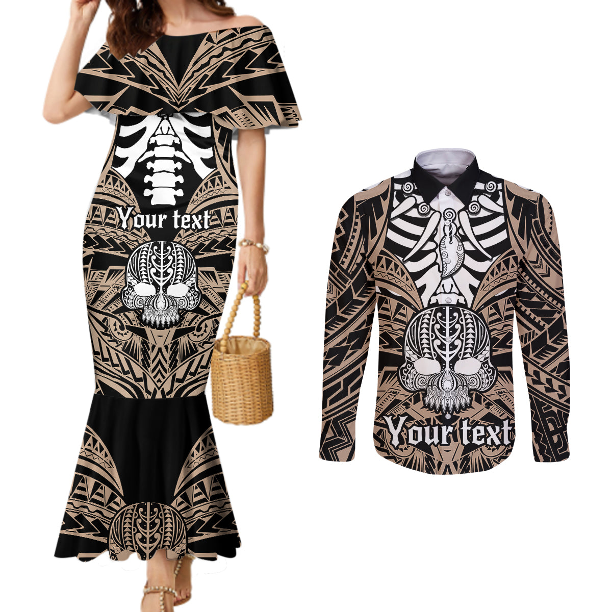 personalised-polynesia-skull-couples-matching-mermaid-dress-and-long-sleeve-button-shirts-with-boars-tusk-gold-arty-vibe