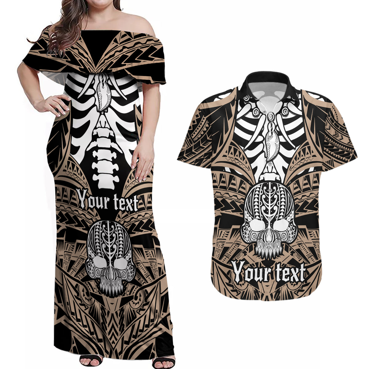 Personalised Polynesia Skull Couples Matching Off Shoulder Maxi Dress and Hawaiian Shirt With Boars Tusk Gold Arty Vibe LT9 - Wonder Print Shop