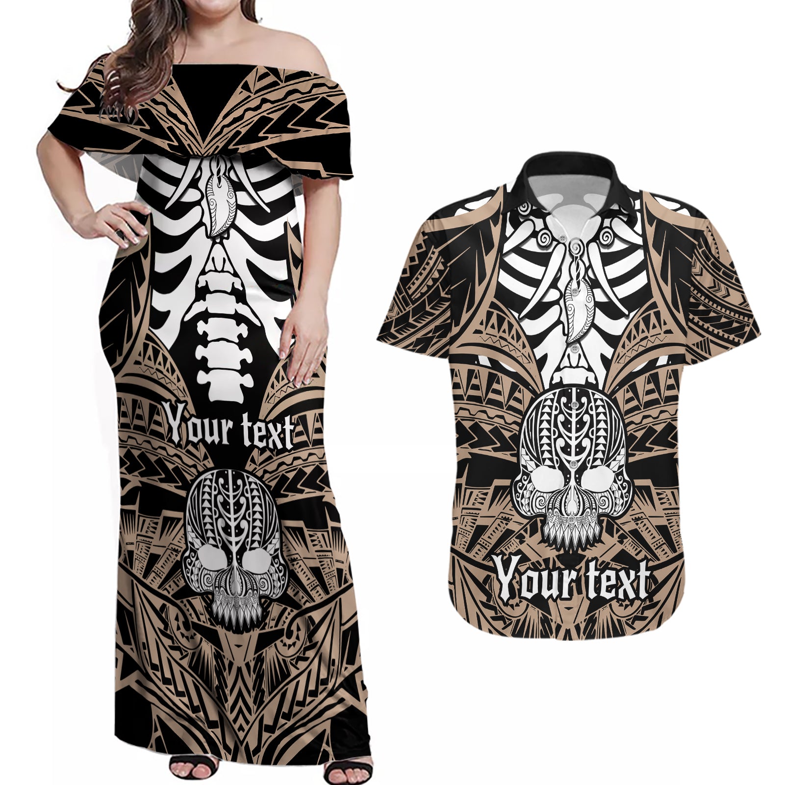 Personalised Polynesia Skull Couples Matching Off Shoulder Maxi Dress and Hawaiian Shirt With Boars Tusk Gold Arty Vibe LT9 - Wonder Print Shop
