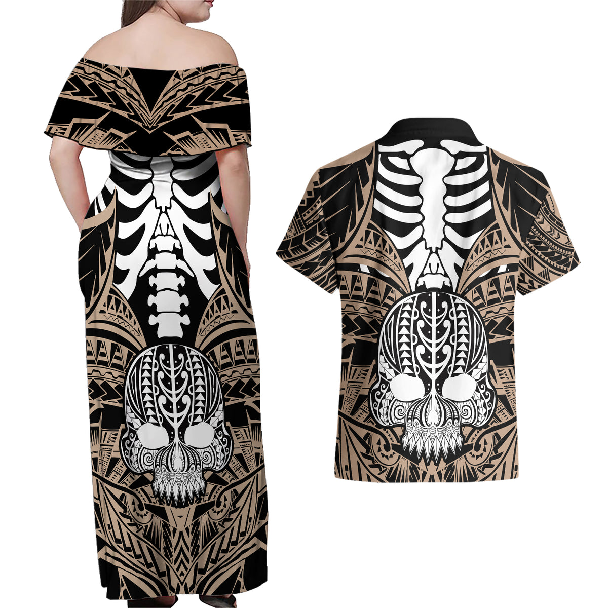 Personalised Polynesia Skull Couples Matching Off Shoulder Maxi Dress and Hawaiian Shirt With Boars Tusk Gold Arty Vibe LT9 - Wonder Print Shop